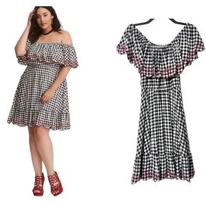 Torrid Embroidered Gingham Off The Shoulder Dress Black White Red Ruffle Size 10